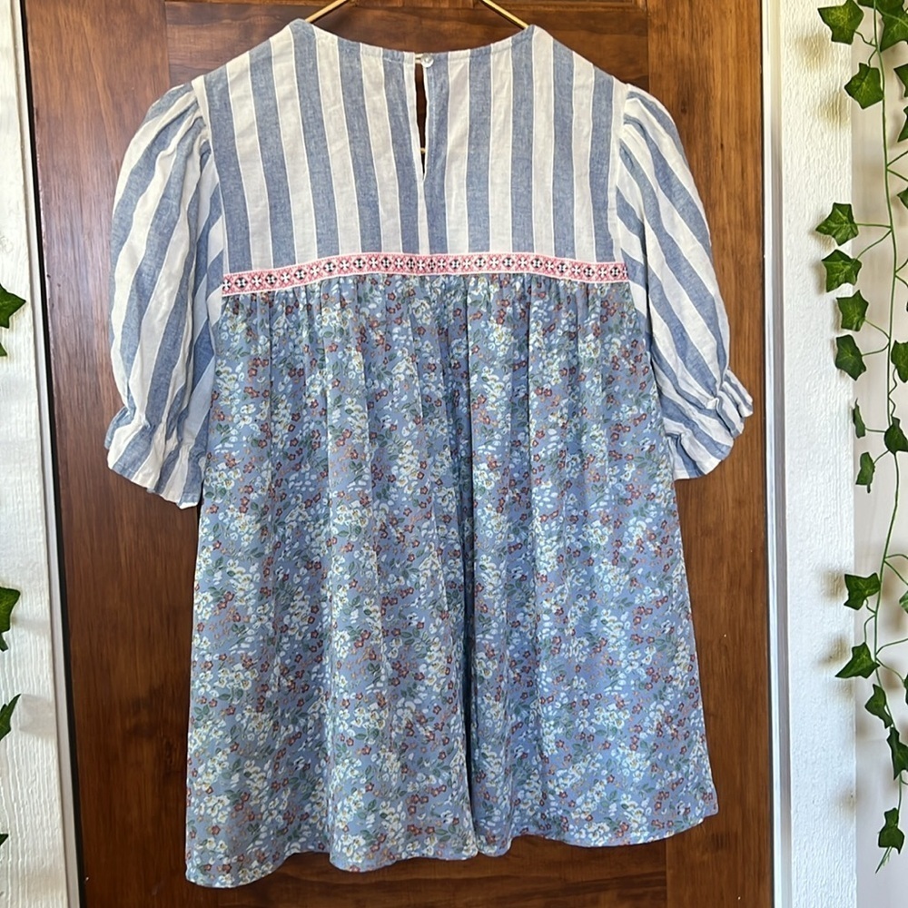 ENTRO Floral and Striped Blouse with Puffed Sleeves | S - Picture 2 of 10